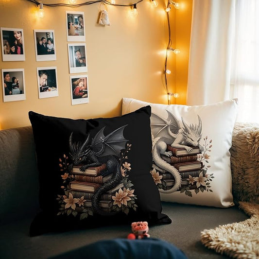 Vintage Magical Black White Dragon Reading Book Decor Throw Pillow Covers 18x18 Set of 2, Fantasy Room Decor for Kids, Gamers, and Bookworms,Reading Nook Decor, Gifts for Bookworm Readers(78)