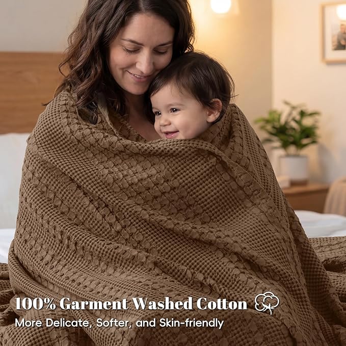 PHF 100% Cotton Waffle Weave Blanket King Size for Bed, Soft Lightweight & Breathable for Spring and Summer, All-Season Comfort, Luxury Aesthetic Blanket for Home Decor, 108"x90", Chocolate