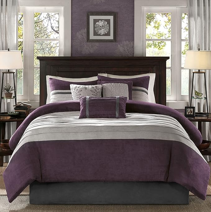 Madison Park Palmer Comforter Set - Faux Suede Design, Striped Accent, All Season Down Alternative Bedding, Matching Shams, Decorative Pillow, Bed Skirt, Full (82 in x 90 in), Purple 7 Piece