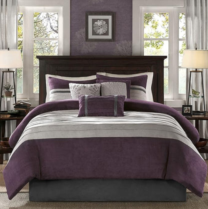 Madison Park Palmer Comforter Set - Faux Suede Design, Striped Accent, All Season Down Alternative Bedding, Matching Shams, Decorative Pillow, Bed Skirt, Full (82 in x 90 in), Purple 7 Piece