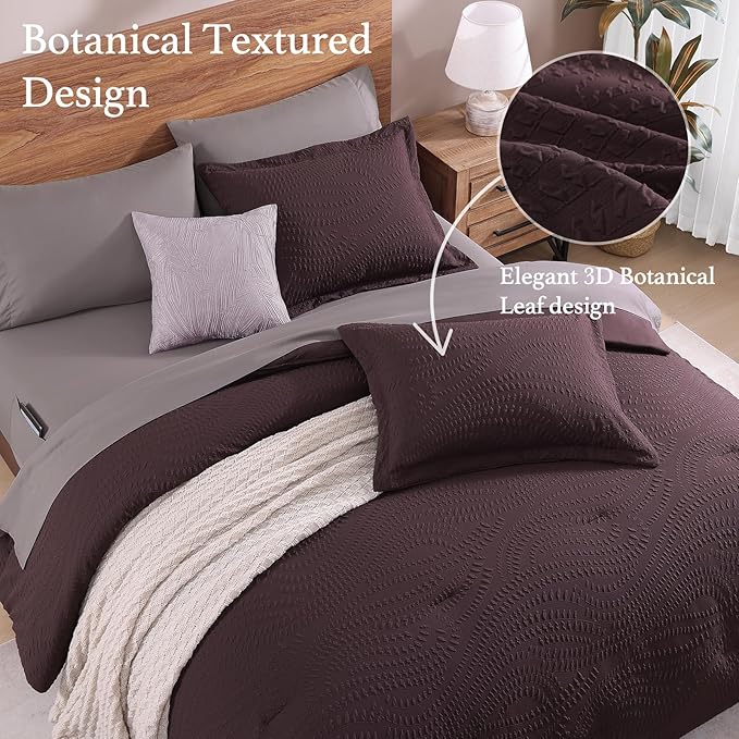 Geniospin King Comforter Set - 7 Pieces Purple Bedding Set, Botanical Textured Comforter Set, All Season Comfortable Bed in a Bag with Comforter, Sheets, Pillowcases & Shams