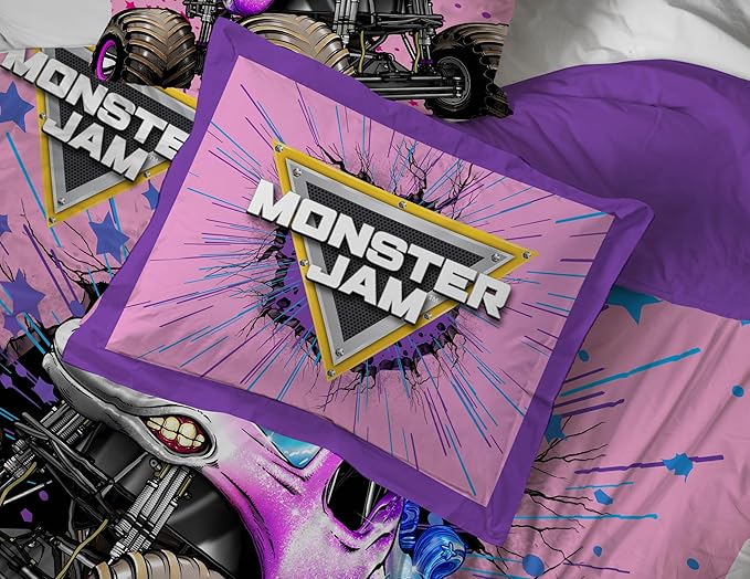 Jay Franco Kids Comforter Set Includes Sheets and Pillow Covers - Soft and Cozy Bed Set for Stylish Room Decor, Pink - Monster Jam, 7 Piece Full Bedding