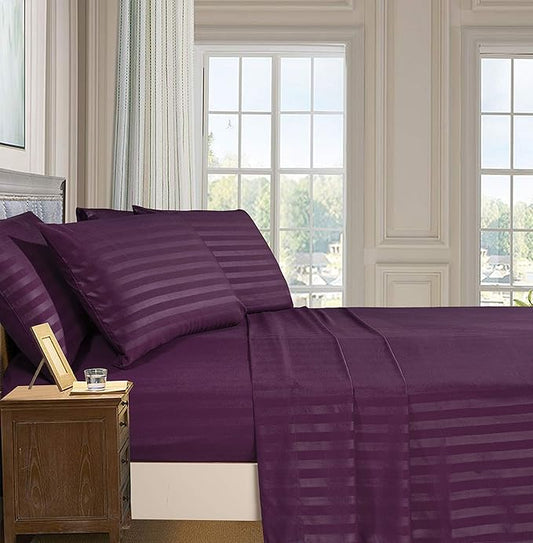 Elegant Comfort Softest and Coziest 4-Piece Sheet Set - 1500 Premium Hotel Quality Microfiber - Luxurious Wrinkle Resistant 4-Piece Damask Stripe Bed Sheet Set, Twin, Eggplant/Purple