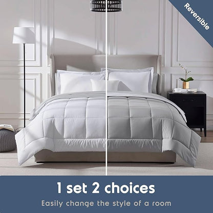 Nestl 7 Piece Full Comforter Set – White Reversible Bed in a Bag – Complete Full Size Bedding Set with Sheets, Pillowcases and Shams