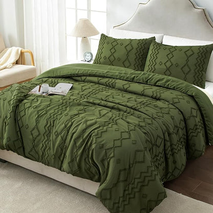 Andency Olive Green Tufted Comforter Set Queen(90x90Inch), 3 Pieces(1 Boho Comforter, 2 Pillowcases) Textured Farmhouse Bed, Soft Microfiber Down Alternative Geometric Bedding Set