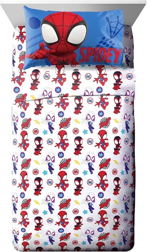 Jay Franco Kids Sheet Set with Fitted, Flat Sheets & Pillow Cover - Ultra-Soft Bedding with Pillowcase for Room Decor, White - Spidey & Friends, 3 Piece Twin