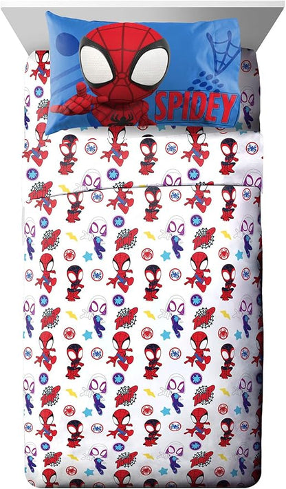 Jay Franco Kids Sheet Set with Fitted, Flat Sheets & Pillow Cover - Ultra-Soft Bedding with Pillowcase for Room Decor, White - Spidey & Friends, 4 Piece Full