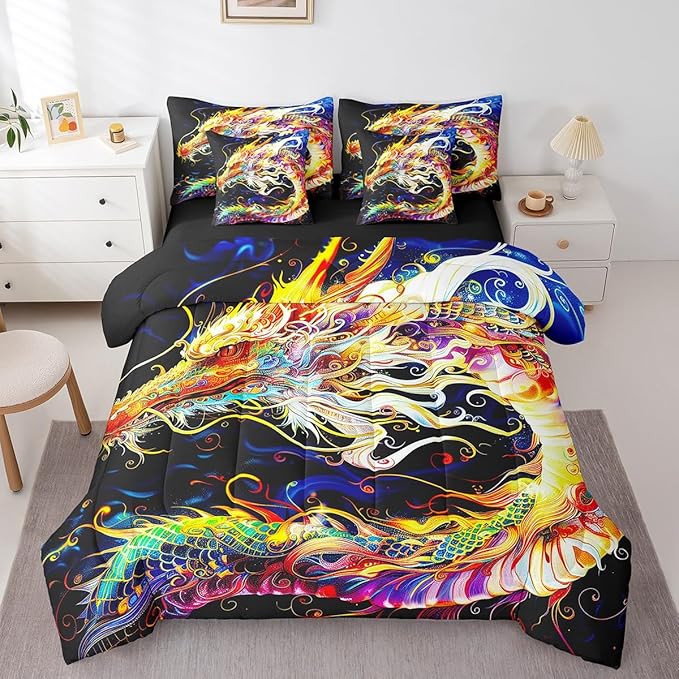 Erosebridal 3D Dragon 7 Piece Comforter Set Full Bed in a Bag,Watercolor Dragon Scale Bedding Sets Antique Mythical Animal Gothic Sheet Set with Comforter