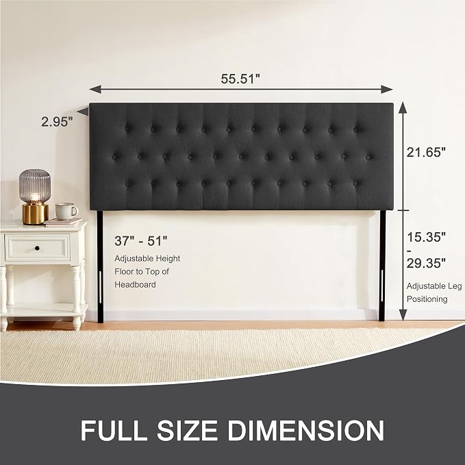 Tufted Upholstered Headboard Full Size, Adjustable Height 37- 51 in, Black | Sturdy and Durable Solid Wood Full XL Headboard, Fabric Full Headboard Only, Modern Button Diamond Design Head Board
