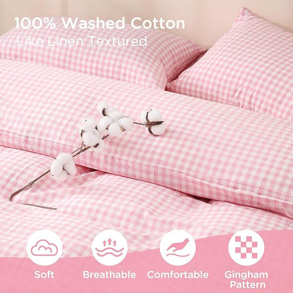 TOCOMOA Pink Gingham Duvet Cover Bedding Set 100% Washed Cotton Like Linen Feel Super Soft Comfortable 3 Piece Cute Plaid Checkered Comforter Cover Set (Queen 90"x90", Comforter Not Included)