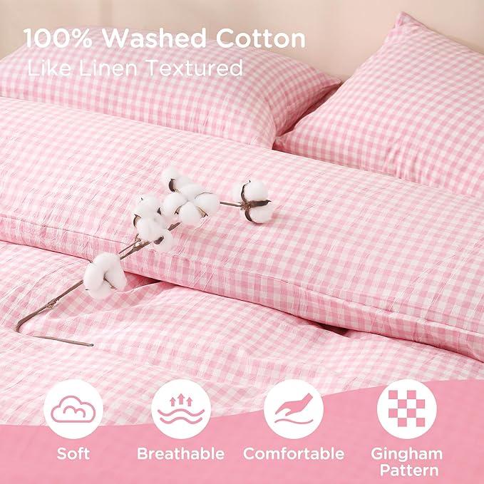 TOCOMOA Pink Gingham Duvet Cover Bedding Set 100% Washed Cotton Like Linen Feel Super Soft Comfortable 3 Piece Cute Plaid Checkered Comforter Cover Set (Full 80"x90", Comforter Not Included)