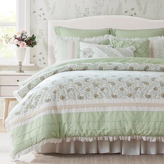 Madison Park Cal King Comforter Set Cottage Cotton Comforter for Cal King Size Bed, All Season, Lightweight Cal King Cotton Bedding Include Shams, Bedskirt & Décor Pillows, Dawn, Sage Green 9 Piece
