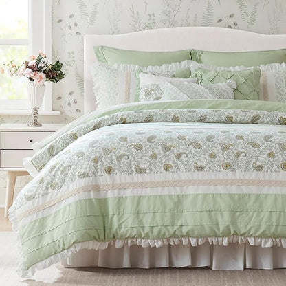 Madison Park Cal King Comforter Set Cottage Cotton Comforter for Cal King Size Bed, All Season, Lightweight Cal King Cotton Bedding Include Shams, Bedskirt & Décor Pillows, Dawn, Sage Green 9 Piece
