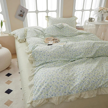 VM VOUGEMARKET Green Ruffle Comforter Set Queen Girls Blue Flower Comforter with 2 Lace Pillow Shams Romantic Cottagecore Bedding Set for All Seasons(3pcs,Queen)