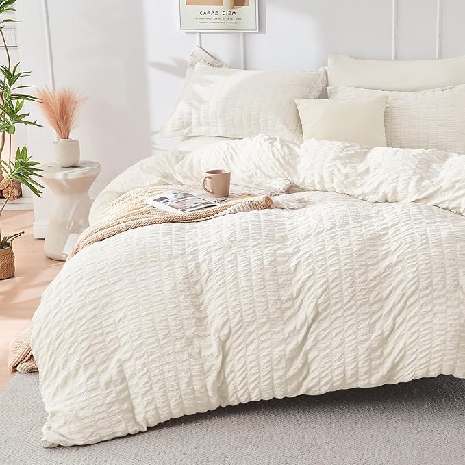 HYMOKEGE Ivory Duvet Cover Full Size, Ultra Soft 3-Piece Seersucker Duvet Cover Set with Zipper Closure, Soft Brushed Microfiber Bedding Set with 8 Corner Ties (80"x90", 2 Pillowshams)