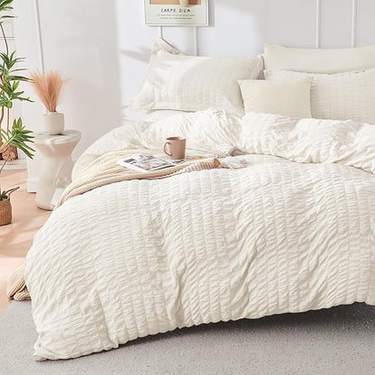 HYMOKEGE Ivory Duvet Cover Full Size, Ultra Soft 3-Piece Seersucker Duvet Cover Set with Zipper Closure, Soft Brushed Microfiber Bedding Set with 8 Corner Ties (80"x90", 2 Pillowshams)