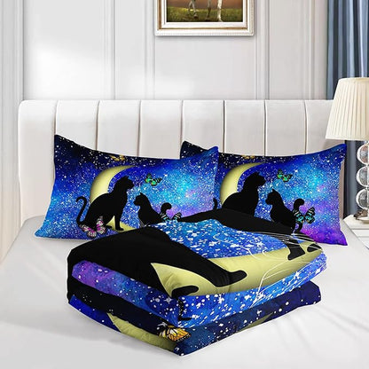 Black Cat Bedding Cartoon Cat Comforter Set Full,Butterflies Moon Printed Kids Bedding Set for Kids Boys Girls Adults Teens,Kids Comforter Set All Season,1 Quilt 2 Pillow Cases,Blue