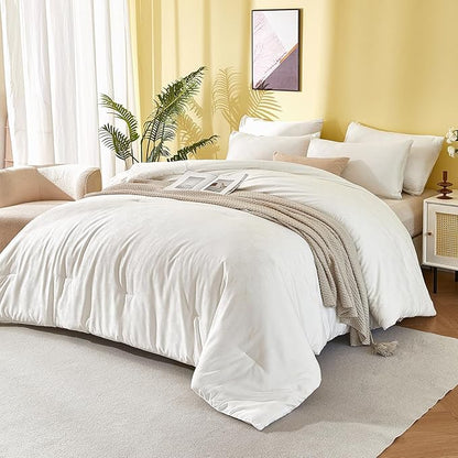 Plaid Queen Comforter Set White - Waffle Checkered Soft Shabby Chic Bedding, All-Season Lightweight Breathable with 2 Pillowcases