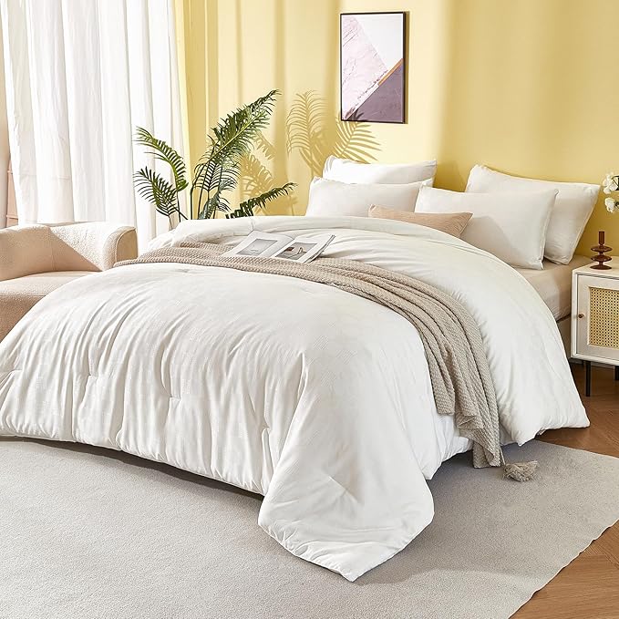 King Comforter Set - White Waffle Checkered Bedding, All-Season Lightweight Breathable Textured Thermal-Regulating Design, Pillowcases Combo for Year-Round Comfort