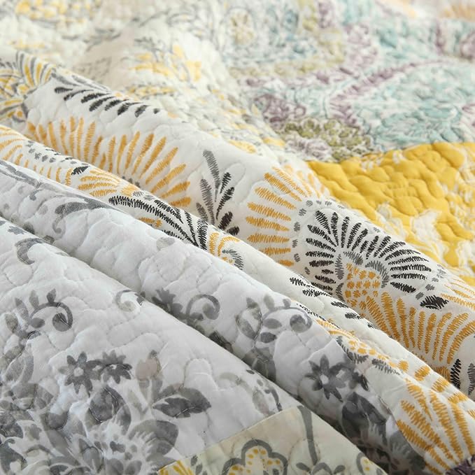 DURLENGEN Botanical Yellow 100% Cotton King Quilt 3Pcs,Bohemian Patchwork Leaves Pattern on White, Luxury Lightweight Coverlet Sets for All Season(King 106x96,Botanical Yellow)