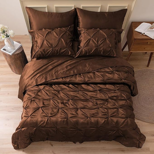 MR&HM Satin Comforter Full 7 Pieces - Luxurious Pinch Pleat Bedding Set with Comforter, Flat Sheet, Fitted Sheet, Pillowcases & Shams, Super Silky Soft Bed Set for All Season (Full, Brown)