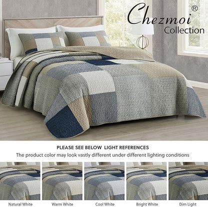 Chezmoi Collection Addy 3-Piece Navy Blue White Gray Taupe Plaid Patchwork Quilt Set - Pre-Washed Cotton Coverlet - Lightweight Reversible Bedspread, Queen Size