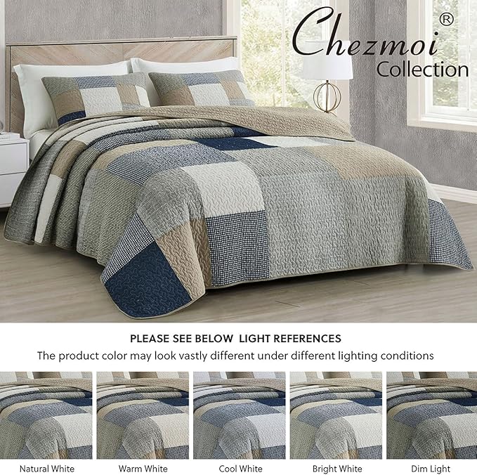 Chezmoi Collection Addy 2-Piece Navy Blue White Gray Taupe Plaid Patchwork Quilt Set - Pre-Washed Cotton Coverlet - Lightweight Reversible Bedspread, Twin Size