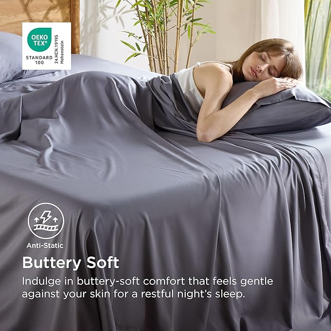 Bedsure King Size Sheets Set, Cooling Sheets for Hot Sleepers, Rayon Derived from Bamboo, PureWoven, Breathable & Soft, Deep Pocket Up to 16 Inches, Hotel Luxury Silky Bedding, Dark Grey
