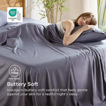 Bedsure King Size Sheets Set, Cooling Sheets for Hot Sleepers, Rayon Derived from Bamboo, PureWoven, Breathable & Soft, Deep Pocket Up to 16 Inches, Hotel Luxury Silky Bedding, Dark Grey