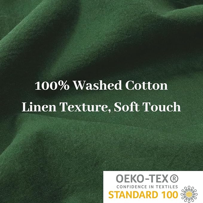 NEXHOME PRO Duvet Cover Set 100% Washed Cotton Full Size Linen Feel Textured Organic Natural 3 Pieces Bedding Set with Zipper Closure and Corner Ties, Breathable, Soft (Forest Green, No Comforter)