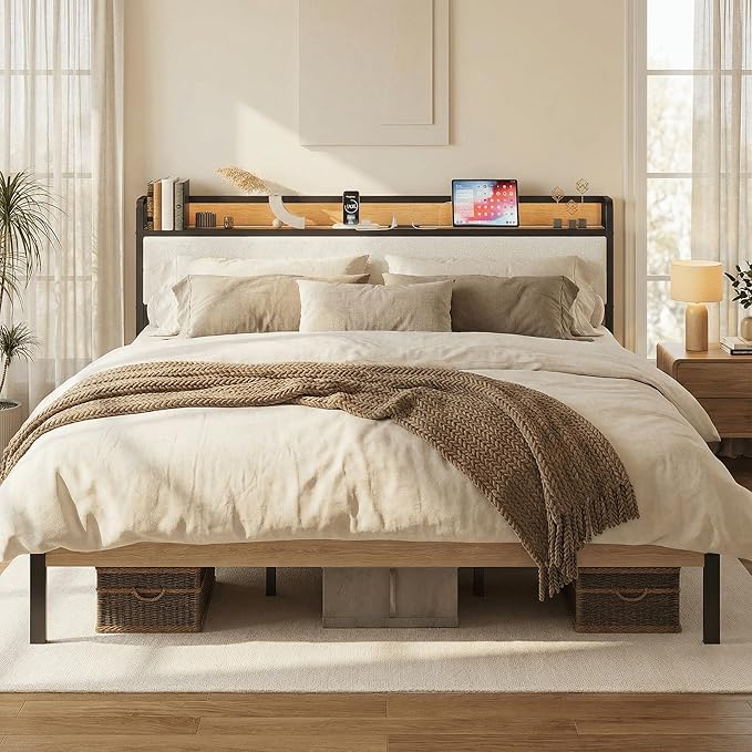 LIKIMIO King Size Bed Frame, Storage Headboard with LED Lights and Charging Station, Metal Platform Bed No Box Spring Needed, Noise Free, Under Bed Storage, Natural and Cream