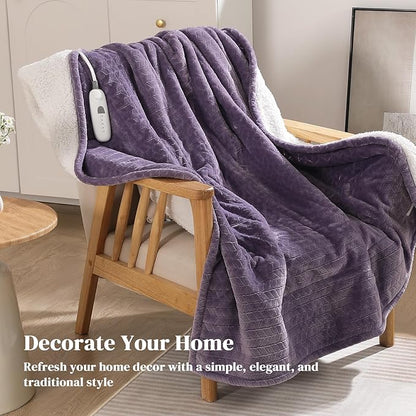 Electric Throw Blanket Heated Throw 50''x60''- Wheat Pattern Flannel & Sherpa Heated Lap Blanket with 5 Heat Settings & 4-Hour Auto Shut-Off, ETL & FCC Certified, Machine Washable Home Use, Lavender