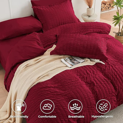 HYMOKEGE Burgundy Duvet Cover Full Size, Ultra Soft 3-Piece Seersucker Duvet Cover Set with Zipper Closure, Soft Brushed Microfiber Bedding Set with 8 Corner Ties (80"x90", 2 Pillowshams)