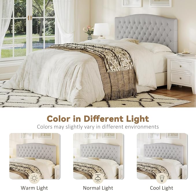 Queen Headboard Only, Velvet Classic Tufted Design, Light Gray | 2 installation options: 1.bed frame mount 2.wall mount (for adjustable bed), Classic hand-tufted headboard king size