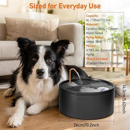 MISFANS Ceramic Dog Water Fountain, 4L/135oz/1.1Gal – All-Ceramic Body with Copper Water Spout – Pet Drinking Fountain for Medium & Small Dogs, Ultra-Quiet Pump, Includes 3 Filters & Sponges