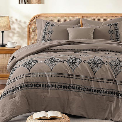 MaiRêve Full Size Comforter Set Taupe Grey, Embroidery Floral Western Boho Bedding Set, All Season 7 Pieces Bed in a Bag with Sheets, Pillowcases & Shams