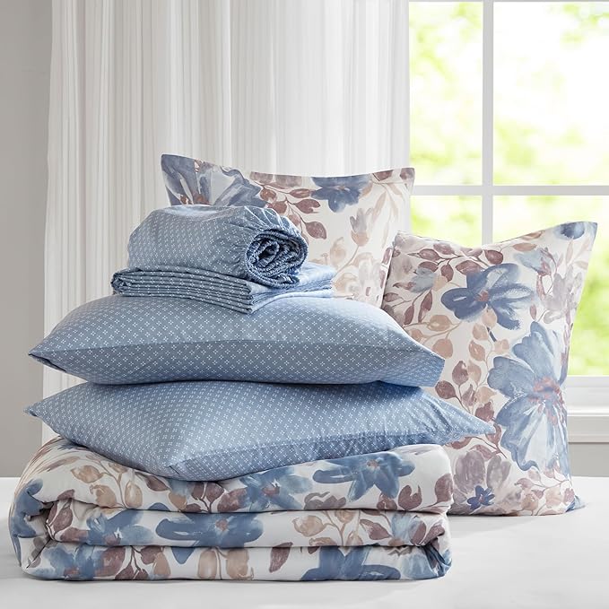Madison Park Essentials Comforter Set with Sheets, Floral Bed in A Bag Microfiber Comforter, Shabby Chic King Bedding Set Diamond Printed Sheet, Luna, King, Blue 7 Piece
