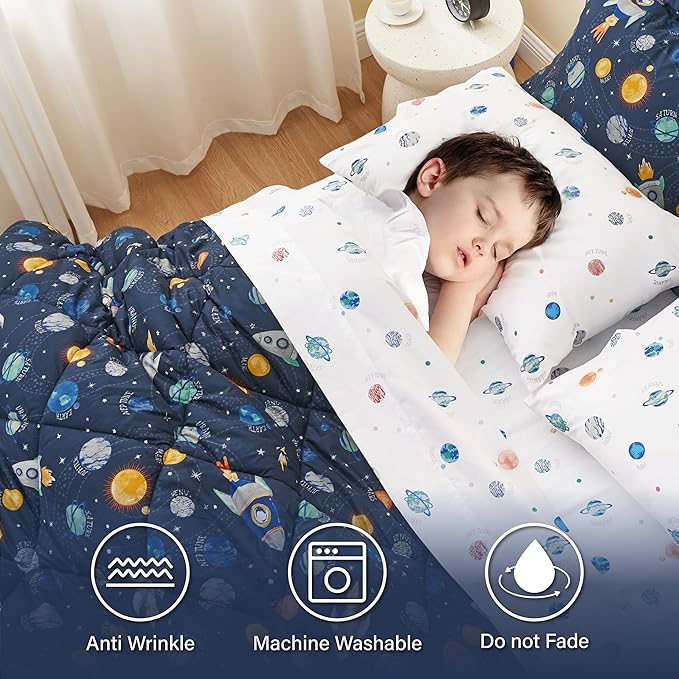 Queen Size Space Kids Bedding Set for Boys, 7 Pieces Super Soft Lightweight Microfiber Comforter Set with Sheets, Bed in a Bag, Children Bed Set