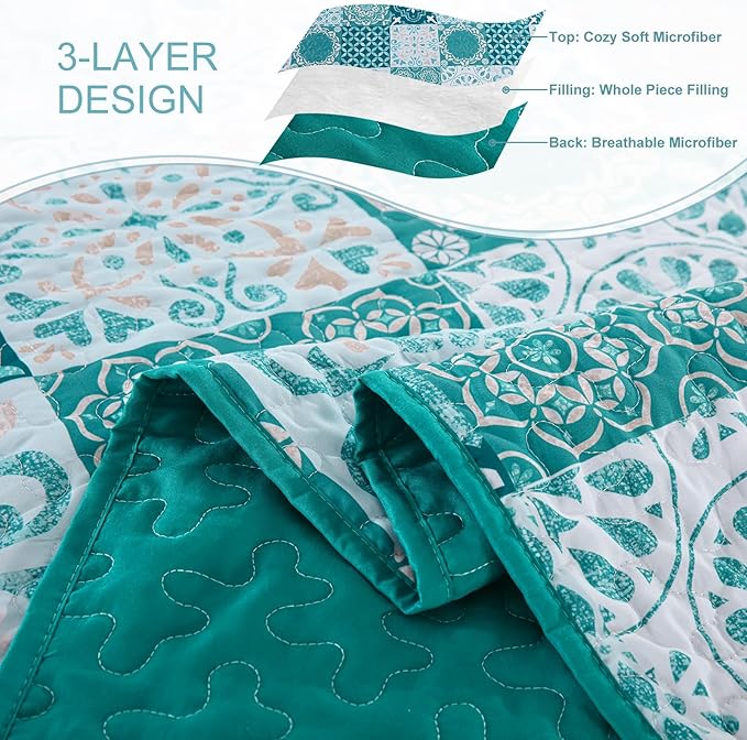 Dobuyly Teal Quilt Set King Size, Boho Turquoise Plaid Patchwork Bedspreads Coverlet Set, 3 Pieces Soft Lightweight Microfiber Bohemian Quilt Bedding Set for All Seasons 110"x90"