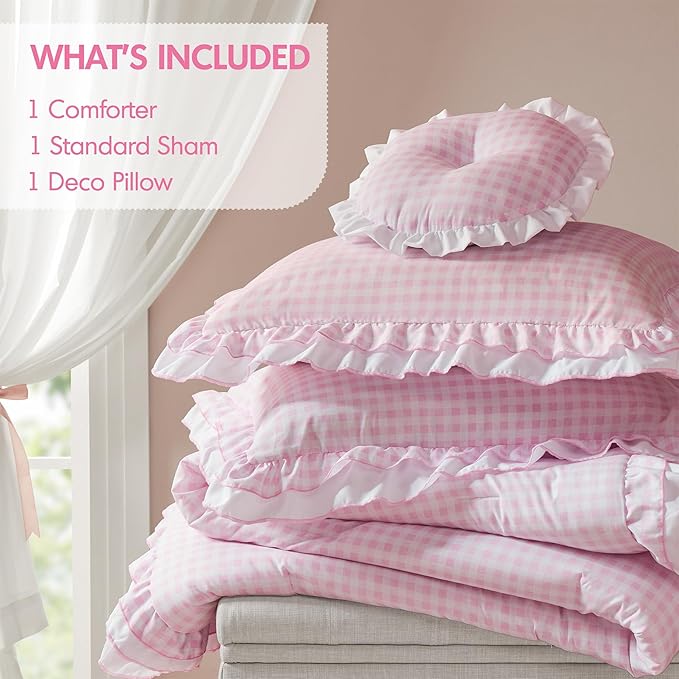 Intelligent Design Rowena Twin Comforter Set – Blush Pink Gingham Ruffled Bedding, Vintage Farmhouse Style, Reversible All Season 3-Piece Bedding Set, Twin/Twin XL, Gift for Her