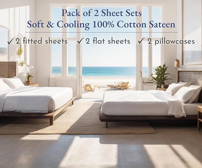 California Design Den 100% Cotton 2-Pack Extra Long Twin Sheets, Soft & Durable Twin XL Cotton Sheet Sets with 12" Pockets, Twin XL Sheet Set with Sateen Sheets (White)