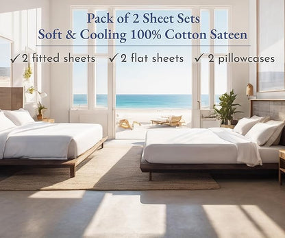 California Design Den 100% Cotton 2-Pack Twin XL Sheet Sets, Soft & Durable Extra Long Twin Bed Sheets with 12" Pockets, Twin XL Sheets with Sateen Sheets (Light Grey)