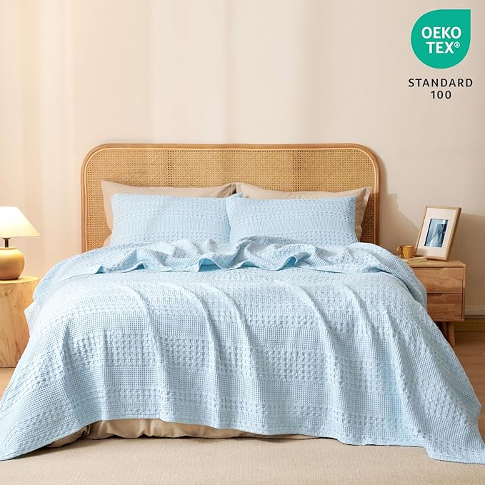PHF 100% Cotton Waffle Weave Blanket Twin Size for Bed, Soft Lightweight & Breathable for Spring and Summer, All-Season Comfort, Luxury Aesthetic Blanket for Home Decor, 66"x90", Baby Blue