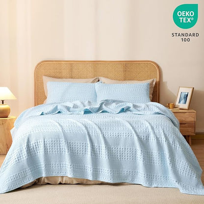 PHF 100% Cotton Waffle Weave Blanket Twin Size for Bed, Soft Lightweight & Breathable for Spring and Summer, All-Season Comfort, Luxury Aesthetic Blanket for Home Decor, 66"x90", Baby Blue