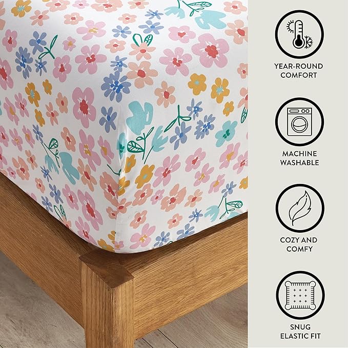Heritage Kids 4-Piece Full Sheet Set – Multi-Color Ditsy Floral Design, Includes Top Sheet, Fitted Sheet & 2 Pillowcases, Soft Microfiber Bedding for Girls’ Bedroom or Guest Room