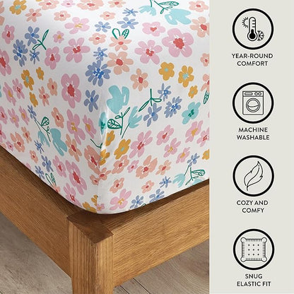 Heritage Kids 4-Piece Full Sheet Set – Multi-Color Ditsy Floral Design, Includes Top Sheet, Fitted Sheet & 2 Pillowcases, Soft Microfiber Bedding for Girls’ Bedroom or Guest Room