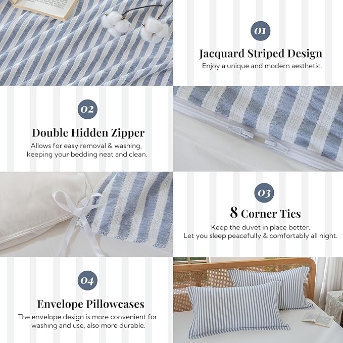 MILDLY Blue Striped Duvet Cover - 100% Washed Cotton Jacquard Textured Comforter Cover with Dual Zipper Closure & 8 Coner Ties