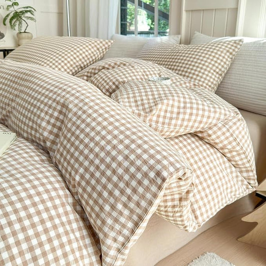 LifeTB Tan Gingham Comforter Set Full Modern Style Beige Plaid Comforter Set 3 Pieces Soft Fluffy Grid Checkered Pattern Comforter with 2 Pillowcases Farmhouse Gingham Bedding Comforter Full