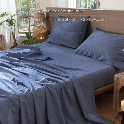 MooMee Bedding Sheet Set 100% Cotton Linen Like Textured Breathable Durable Soft Comfy (Heathered Blue, Queen)