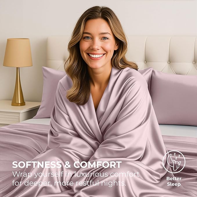 Satin Sheets California King [4-Piece, Champagne Pink] Hotel Luxury Silky Bed Sheets - Extra Soft Microfiber Sheet Set, Wrinkle Resistant - Deep Pocket Fitted Sheet, Flat Sheet, Pillow Cases